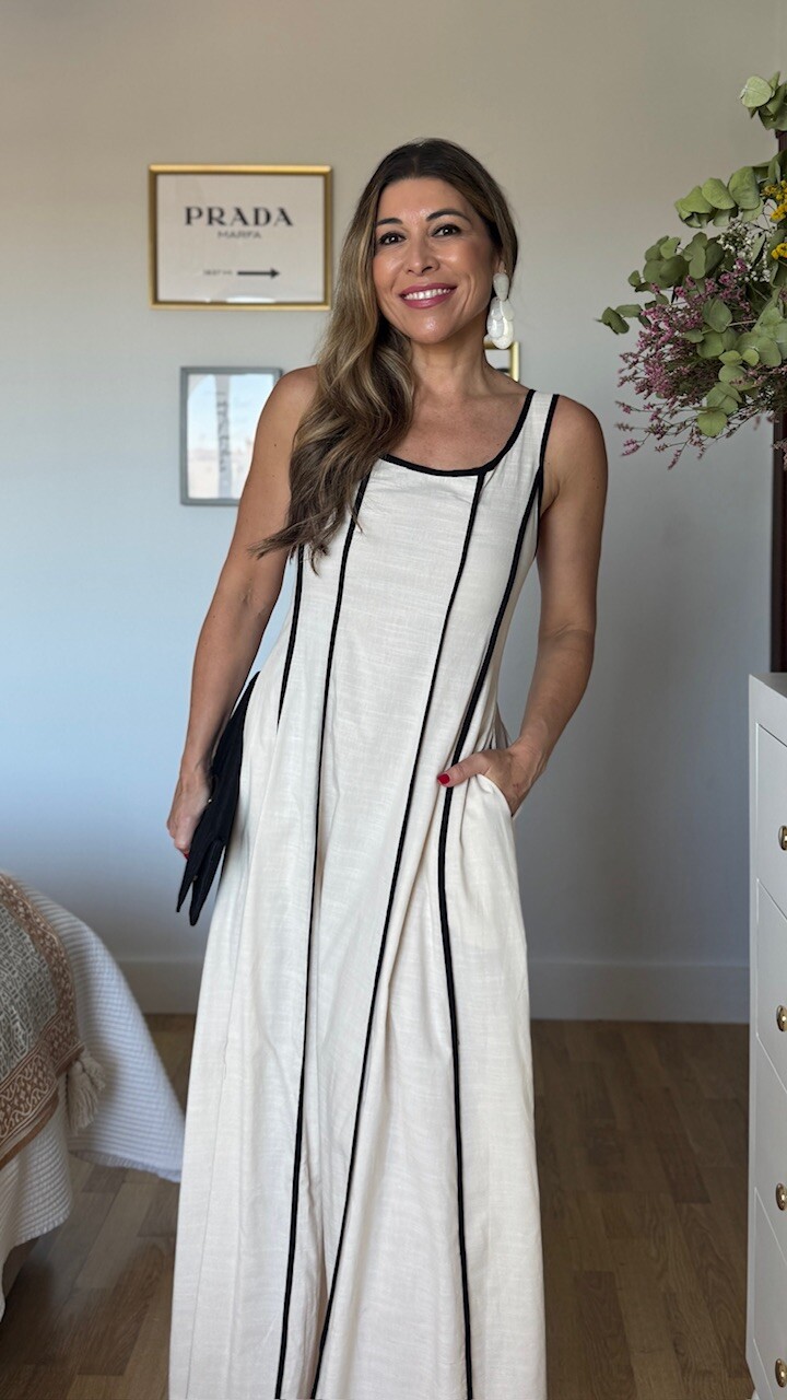 Vestido Beige Ribete Negro - Imagen 3