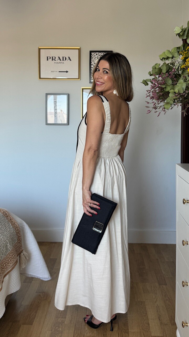 Vestido Beige Ribete Negro - Imagen 5