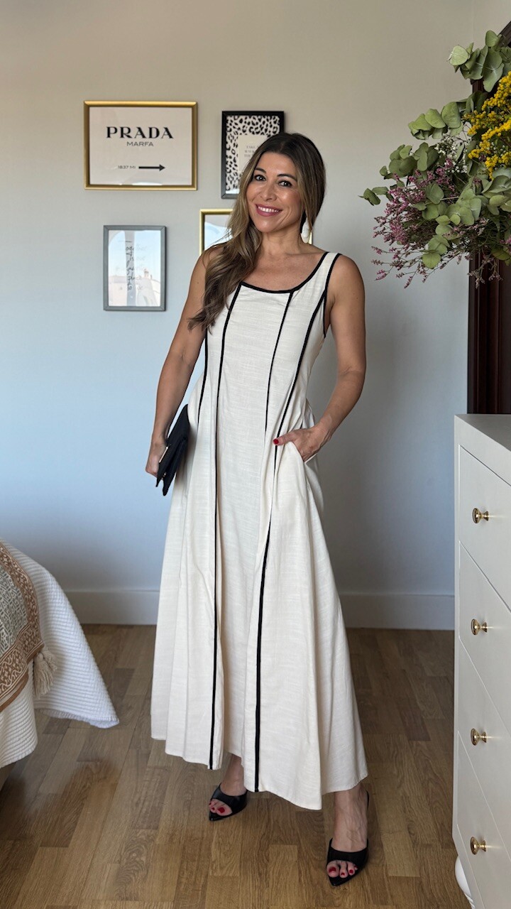 Vestido Beige Ribete Negro - Imagen 8