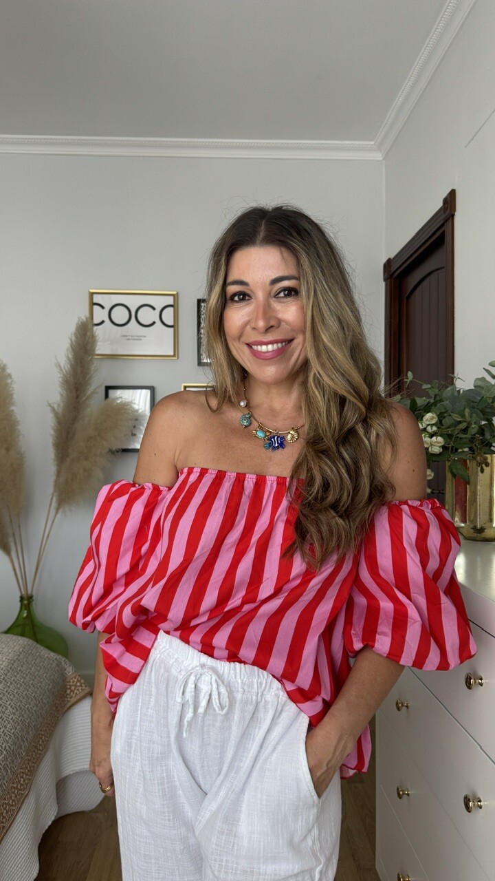 Blusa Mangas Abullonadas Rayas Rosa Rojo