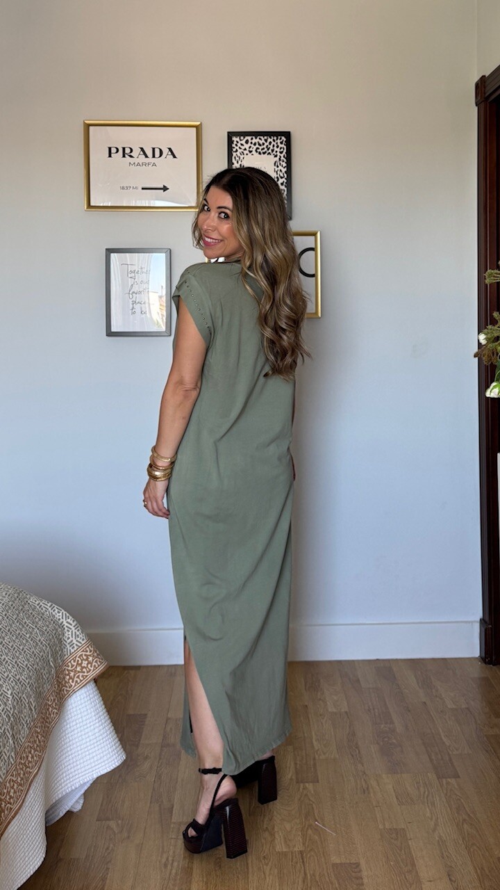 Vestido Mariela Tachas Verde Caza - Imagen 6