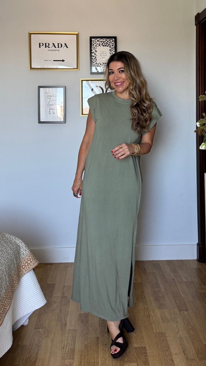 Vestido Mariela Tachas Verde Caza - Imagen 9