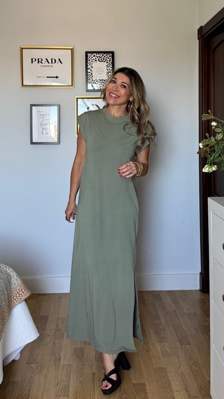 Vestido Mariela Tachas Verde Caza - Imagen 8