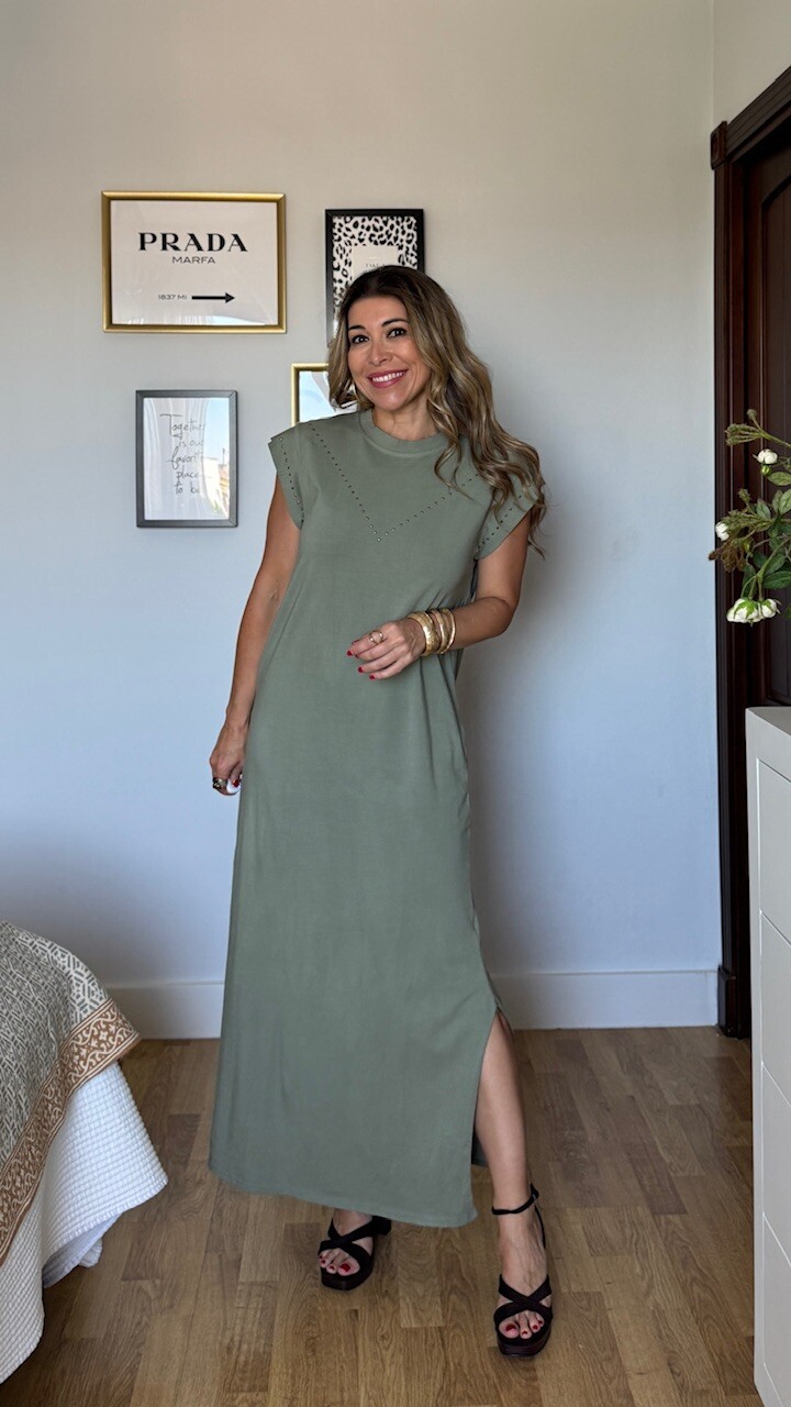 Vestido Mariela Tachas Verde Caza - Imagen 5