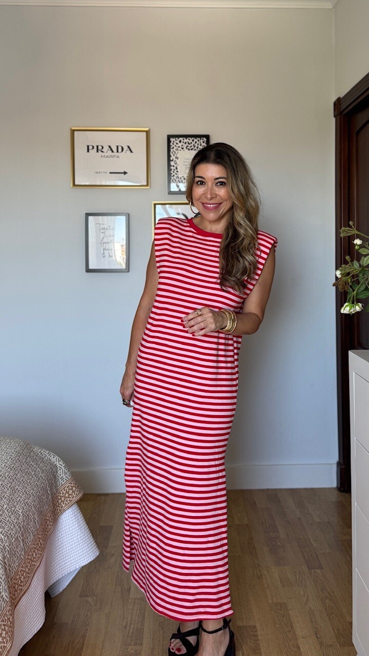 Vestido Rayas Hombreras Rosa Rojo - Imagen 7