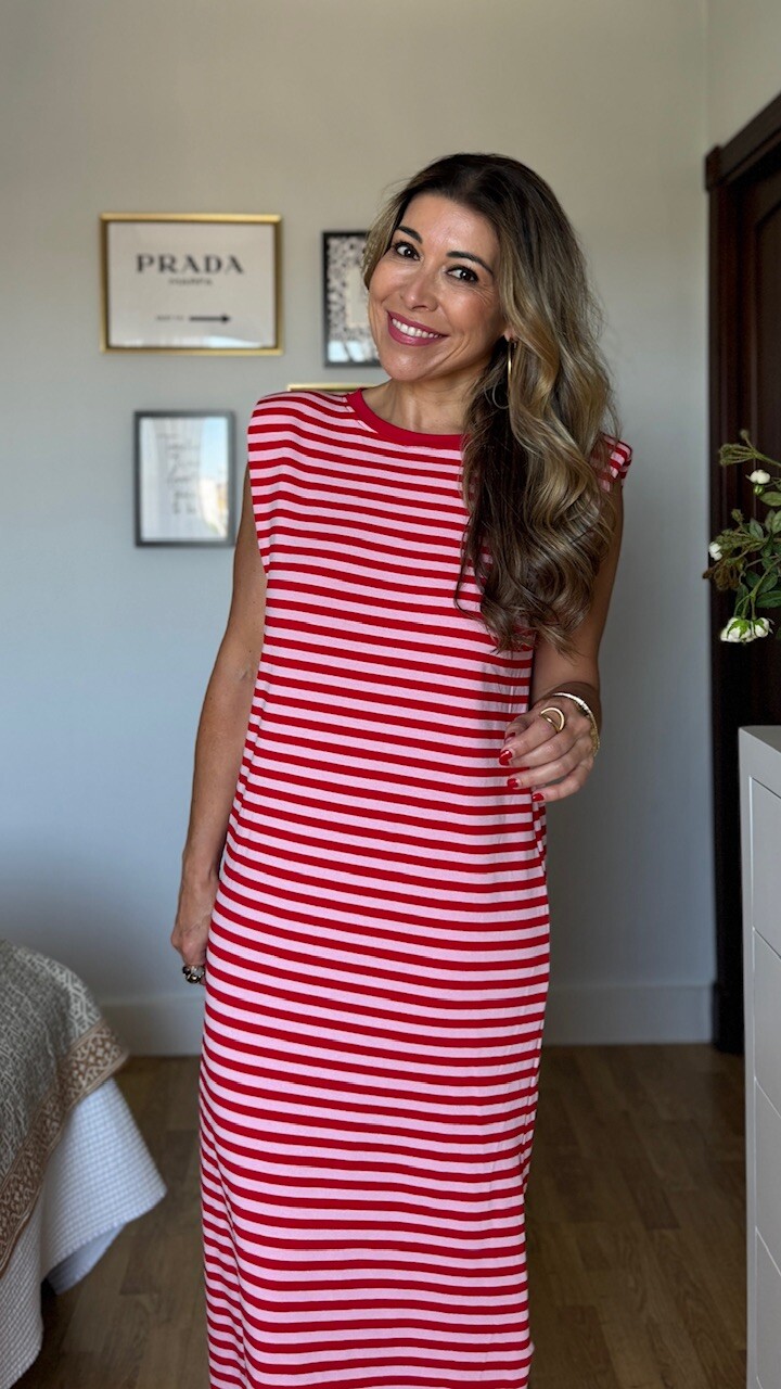 Vestido Rayas Hombreras Rosa Rojo - Imagen 10