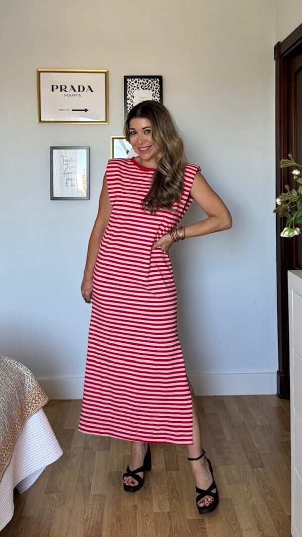 Vestido Rayas Hombreras Rosa Rojo