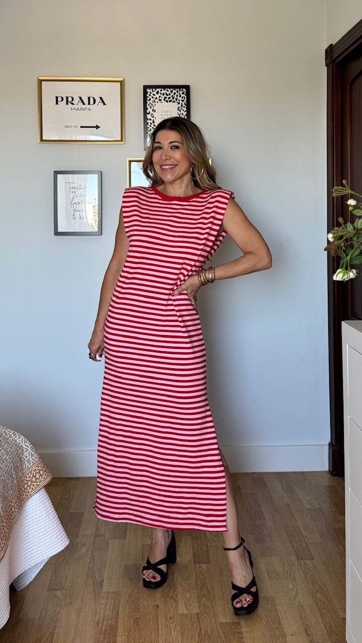 Vestido Rayas Hombreras Rosa Rojo - Imagen 3
