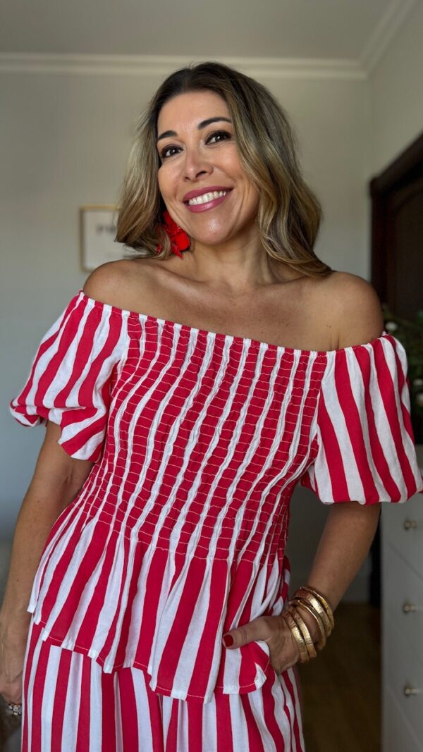 Top Rayas Mangas Abullonadas Blanco Rojo