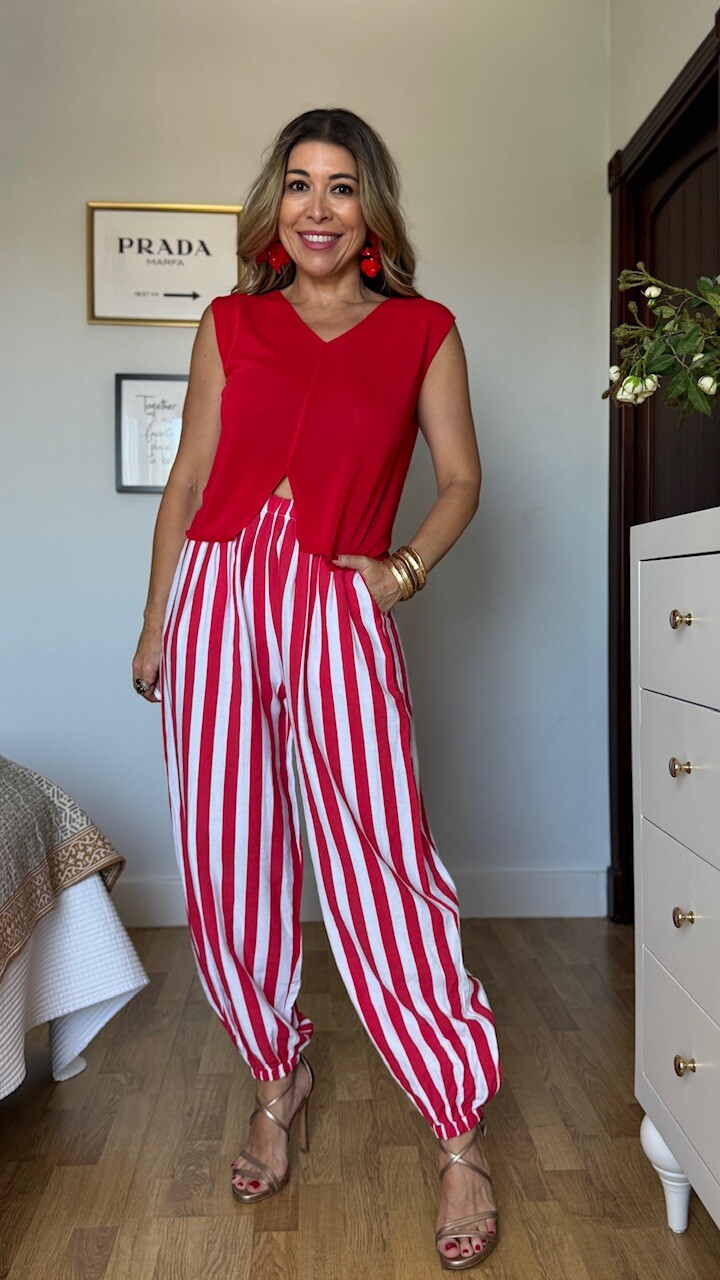 Pantalón Bombacho Rayas Blanco Rojo - Imagen 3