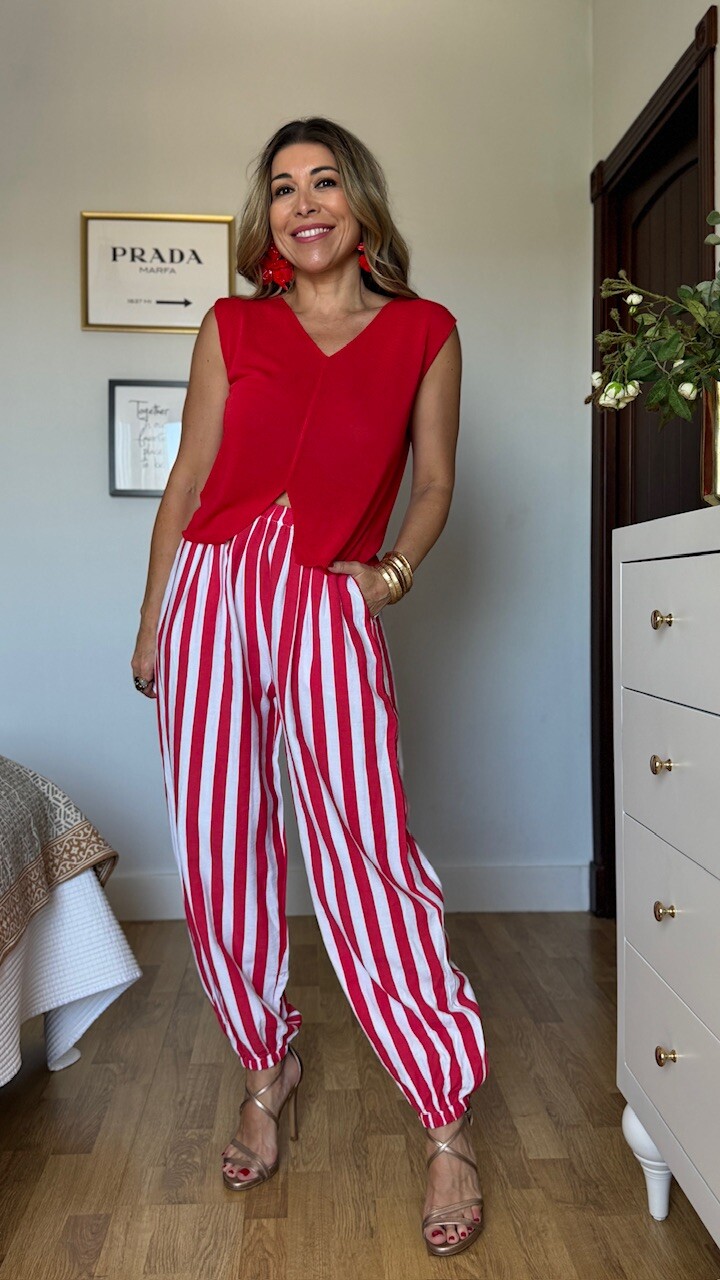 Pantalón Bombacho Rayas Blanco Rojo - Imagen 6