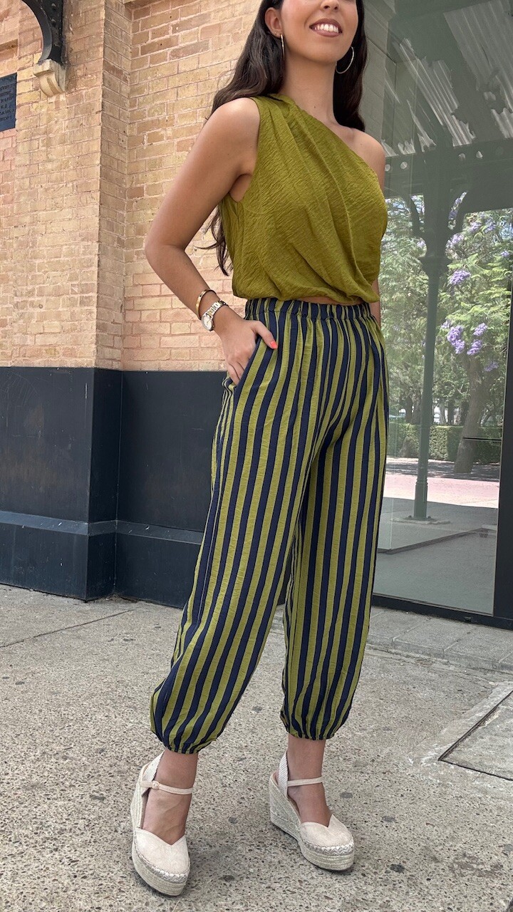 Pantalón Bombacho Rayas Oliva Azul Marino - Imagen 2