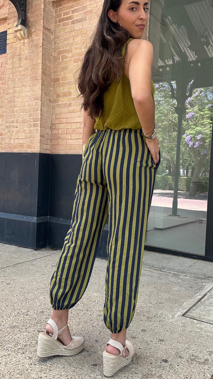 Pantalón Bombacho Rayas Oliva Azul Marino - Imagen 3