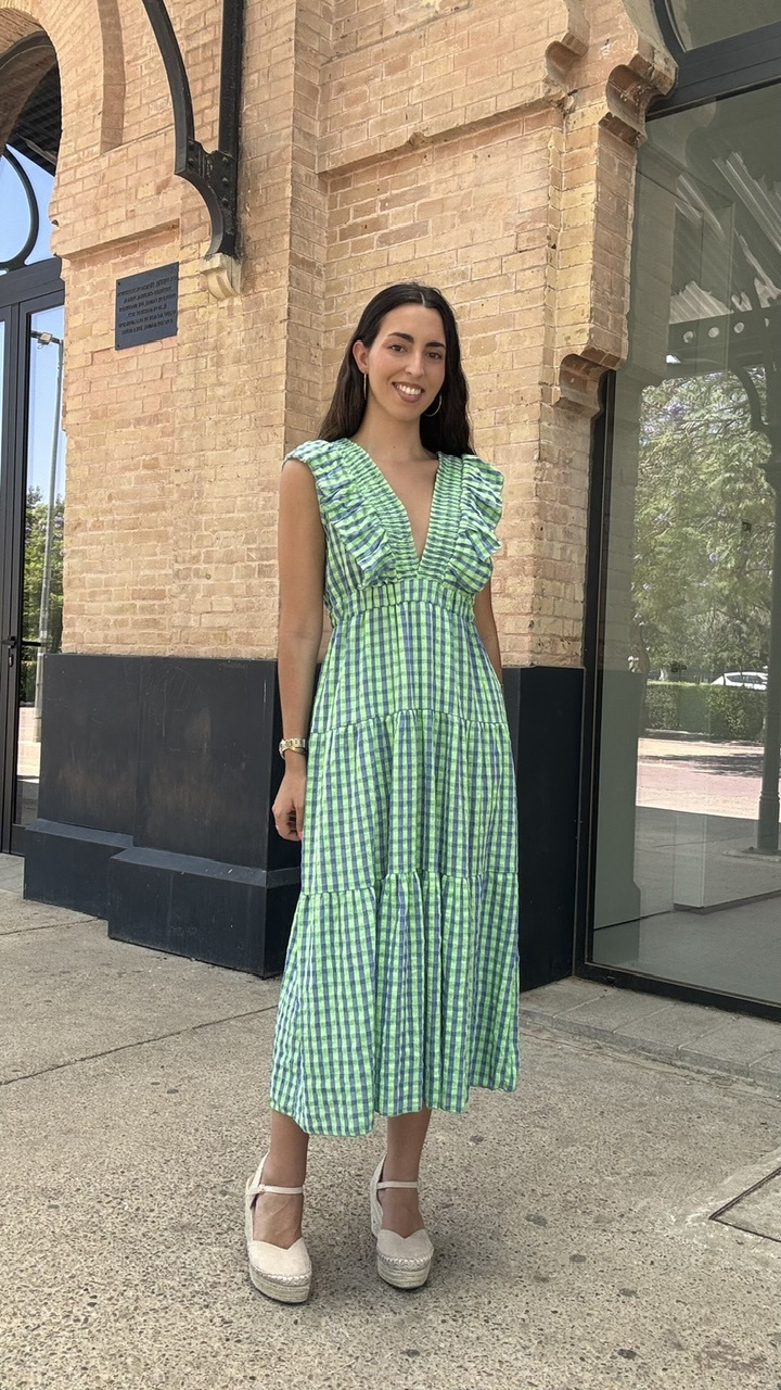 Vestido Vichy Flúor Escote Verde Lima