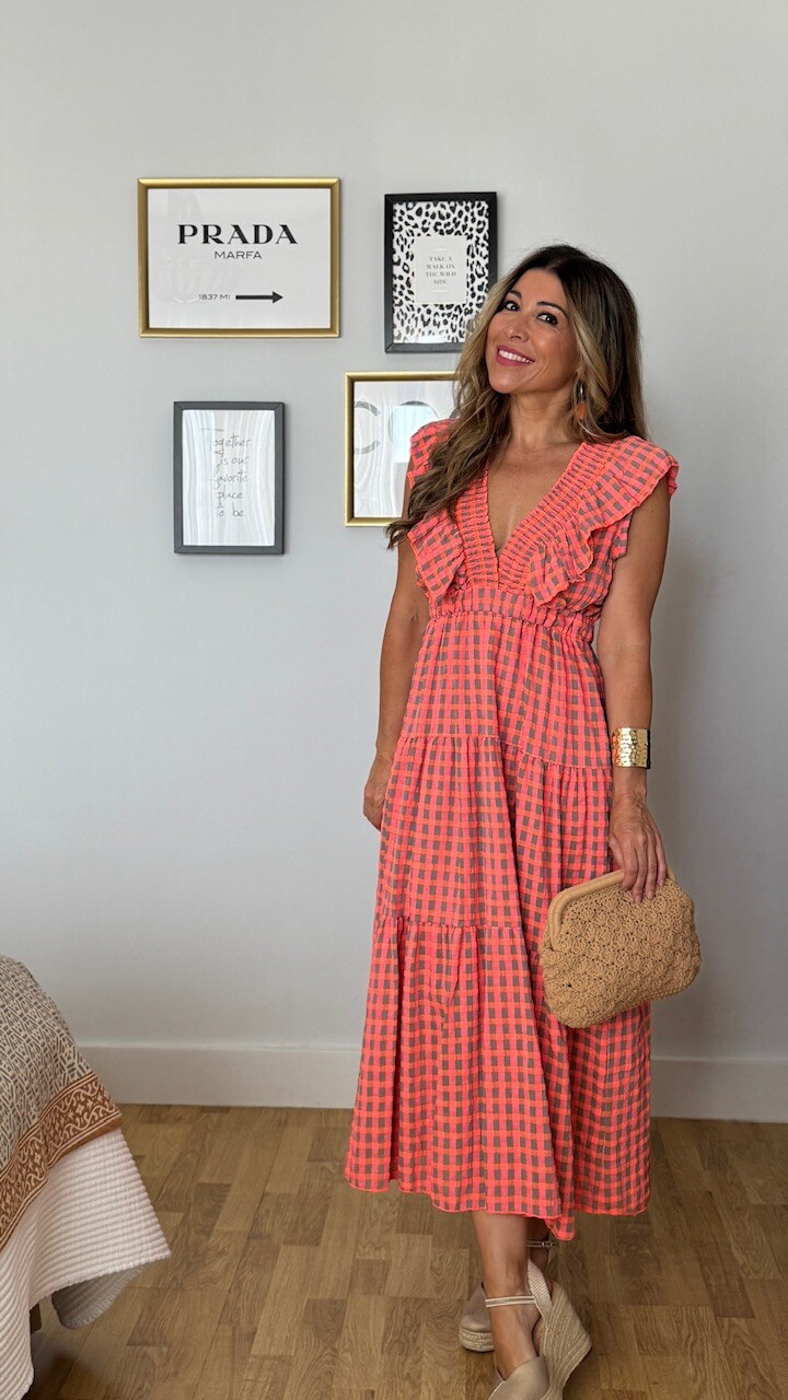 Vestido Vichy Flúor Escote Coral