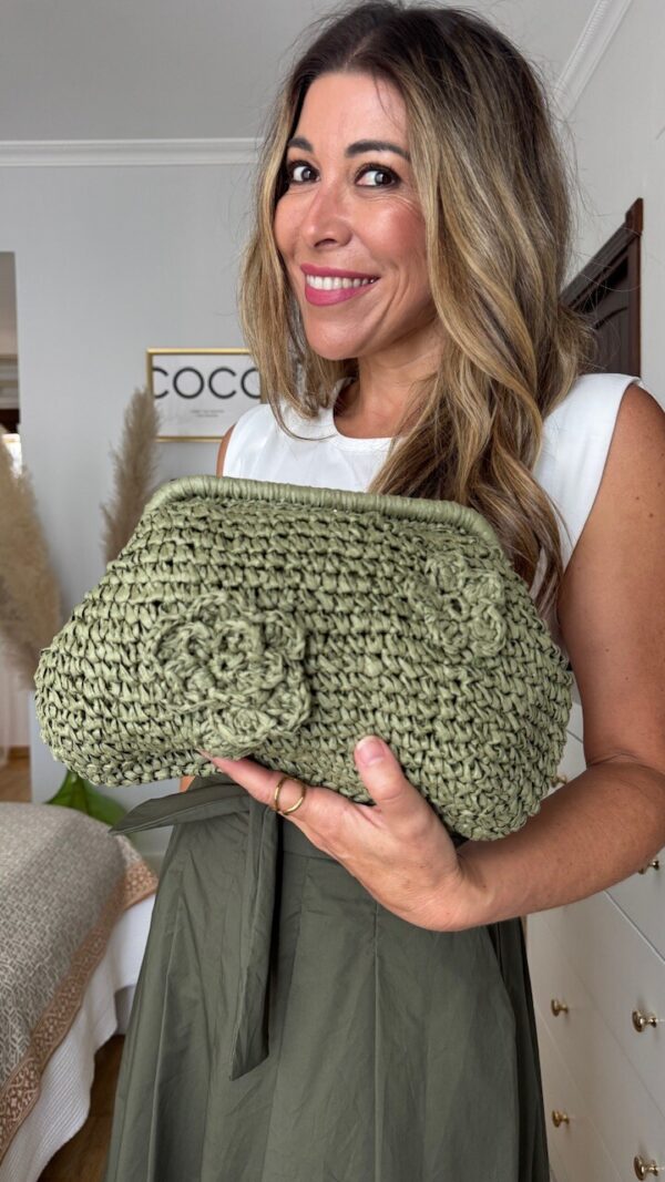Bolso Clutch Rafia Flor Verde Jabonoso