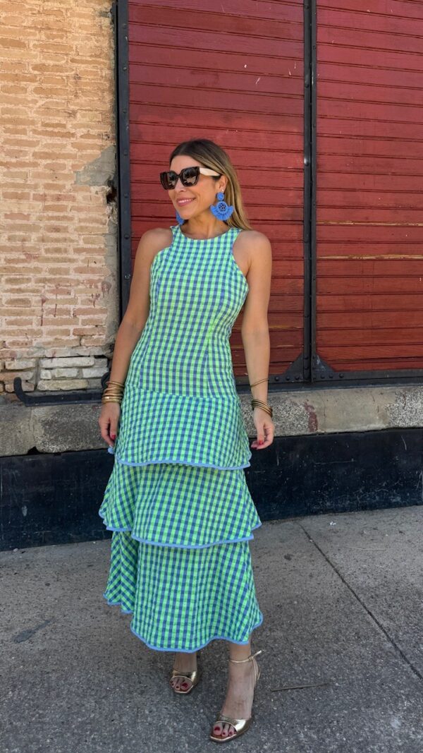 Vestido Vichy Flúor Volantes Verde Lima