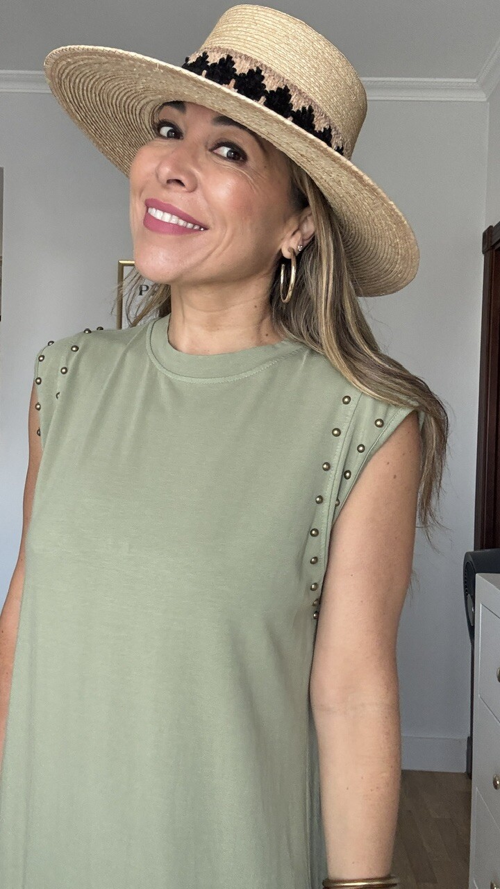 Vestido Algodón Tachuelas Verde Caza - Imagen 6