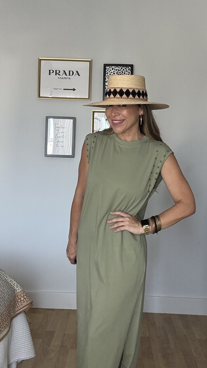 Vestido Algodón Tachuelas Verde Caza - Imagen 2