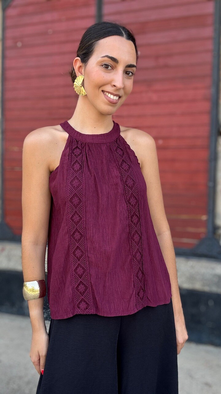 Blusa Bambula Halter Burdeos - Imagen 4