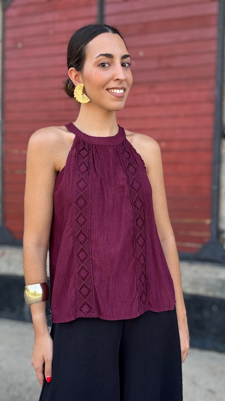 Blusa Bambula Halter Burdeos - Imagen 3