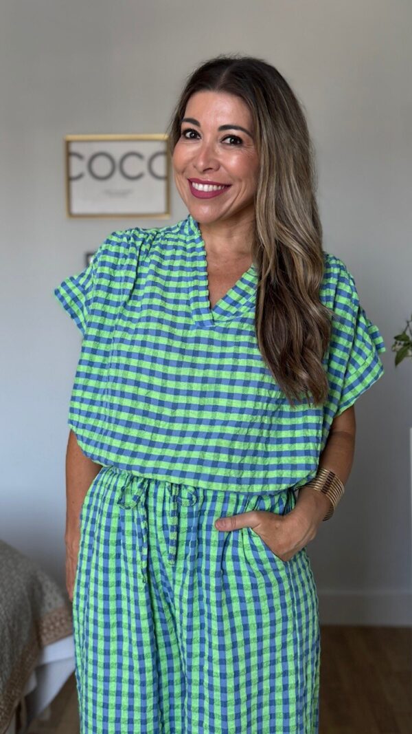 Blusa Vichy Fluor Verde Azul