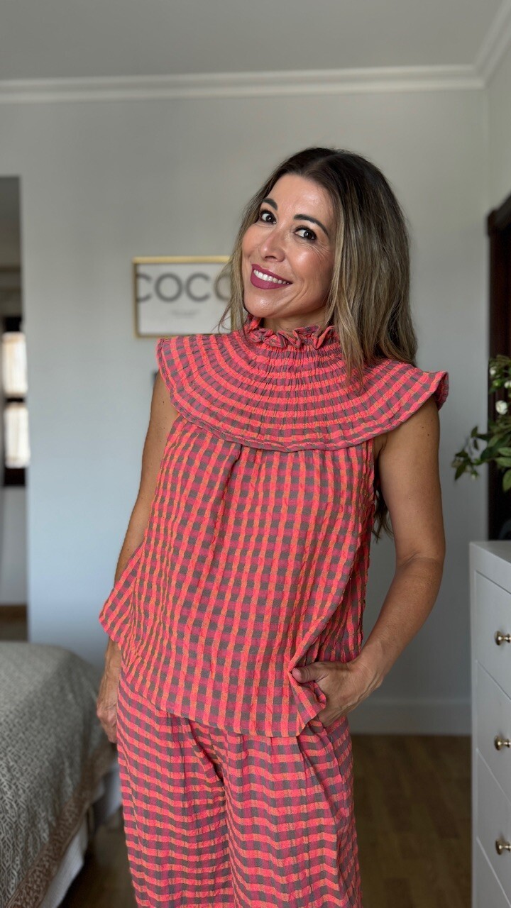 Blusa cuello Vichy fluorescente coral - Imagen 2