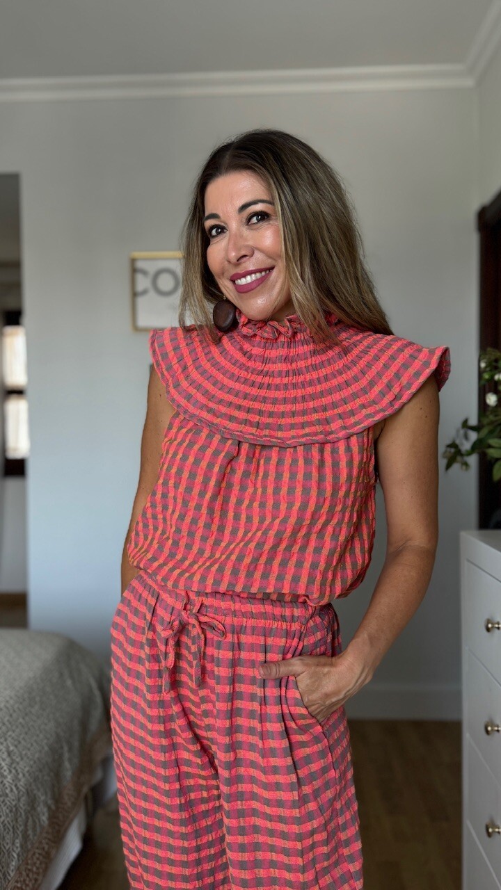 Blusa cuello Vichy fluorescente coral
