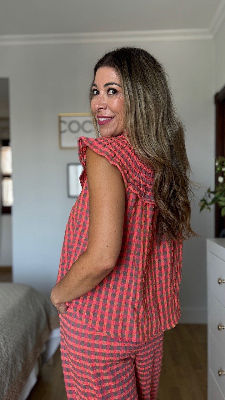 Blusa cuello Vichy fluorescente coral - Imagen 6