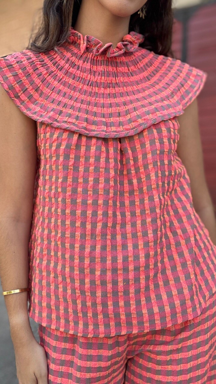 Blusa cuello Vichy fluorescente coral - Imagen 3