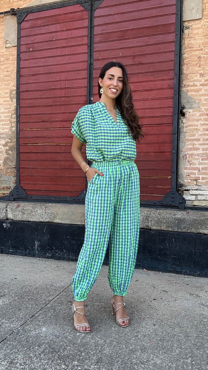 Pantalón Bombacho Vichy Fluorescente Verde Lima - Imagen 3