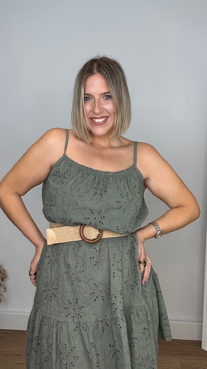 Vestido Mini Perforado Verde Caza - Imagen 5