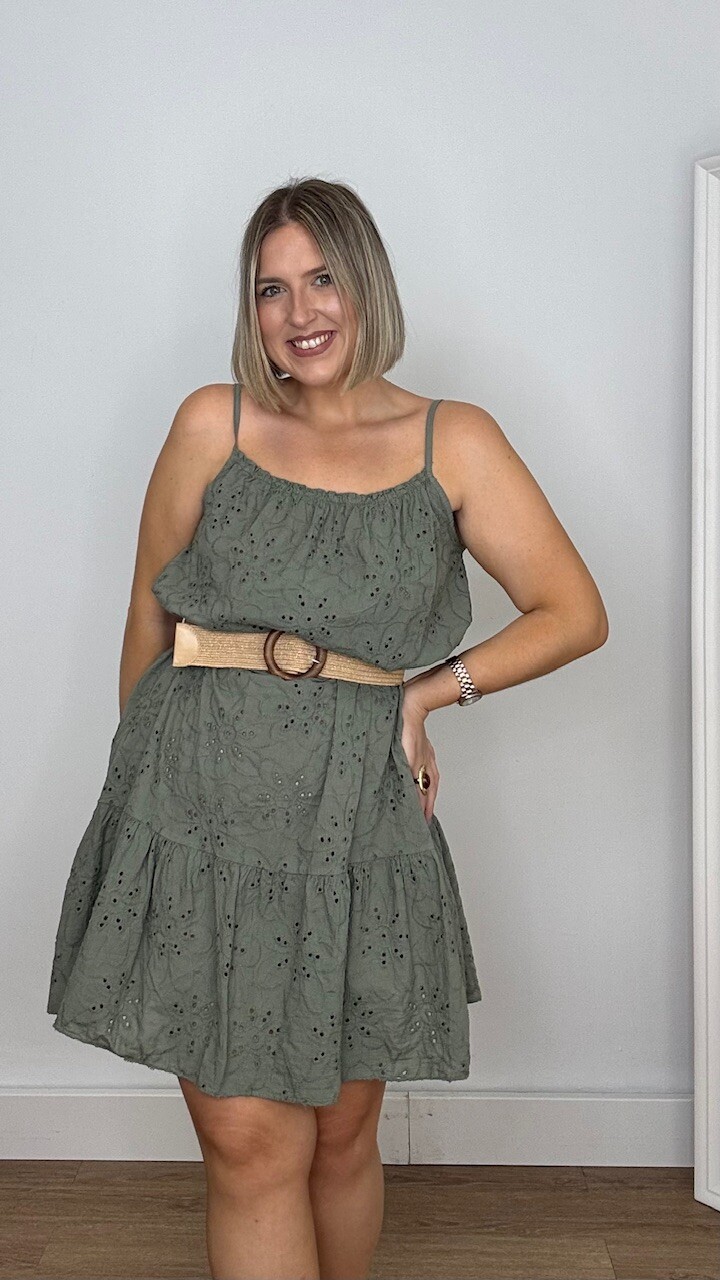 Vestido Mini Perforado Verde Caza - Imagen 7