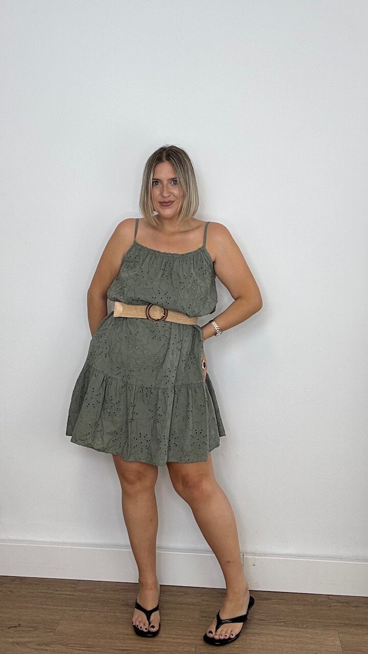 Vestido Mini Perforado Verde Caza - Imagen 8