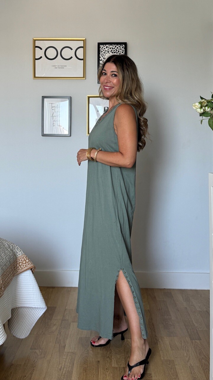 Vestido Tirantas Tachuelas Verde Caza - Imagen 6