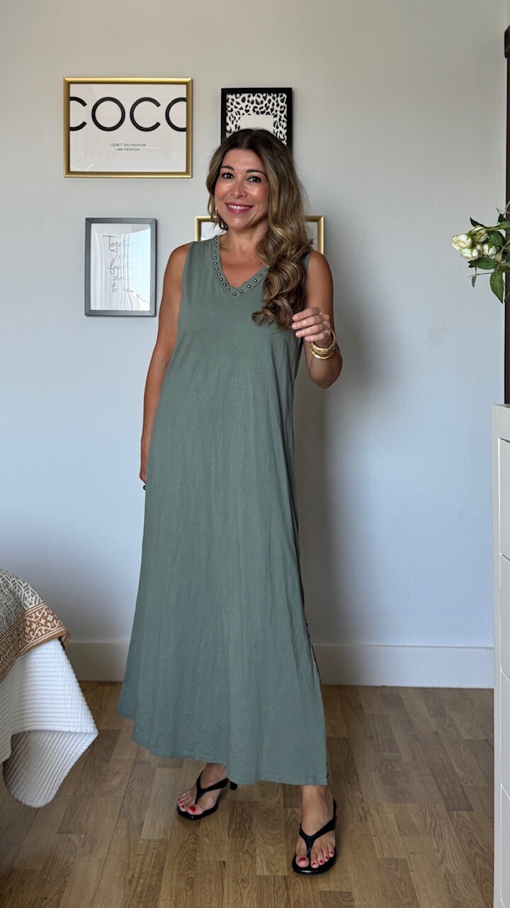 Vestido Tirantas Tachuelas Verde Caza - Imagen 4