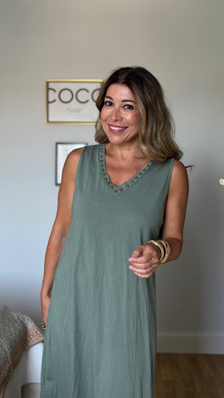 Vestido Tirantas Tachuelas Verde Caza - Imagen 2