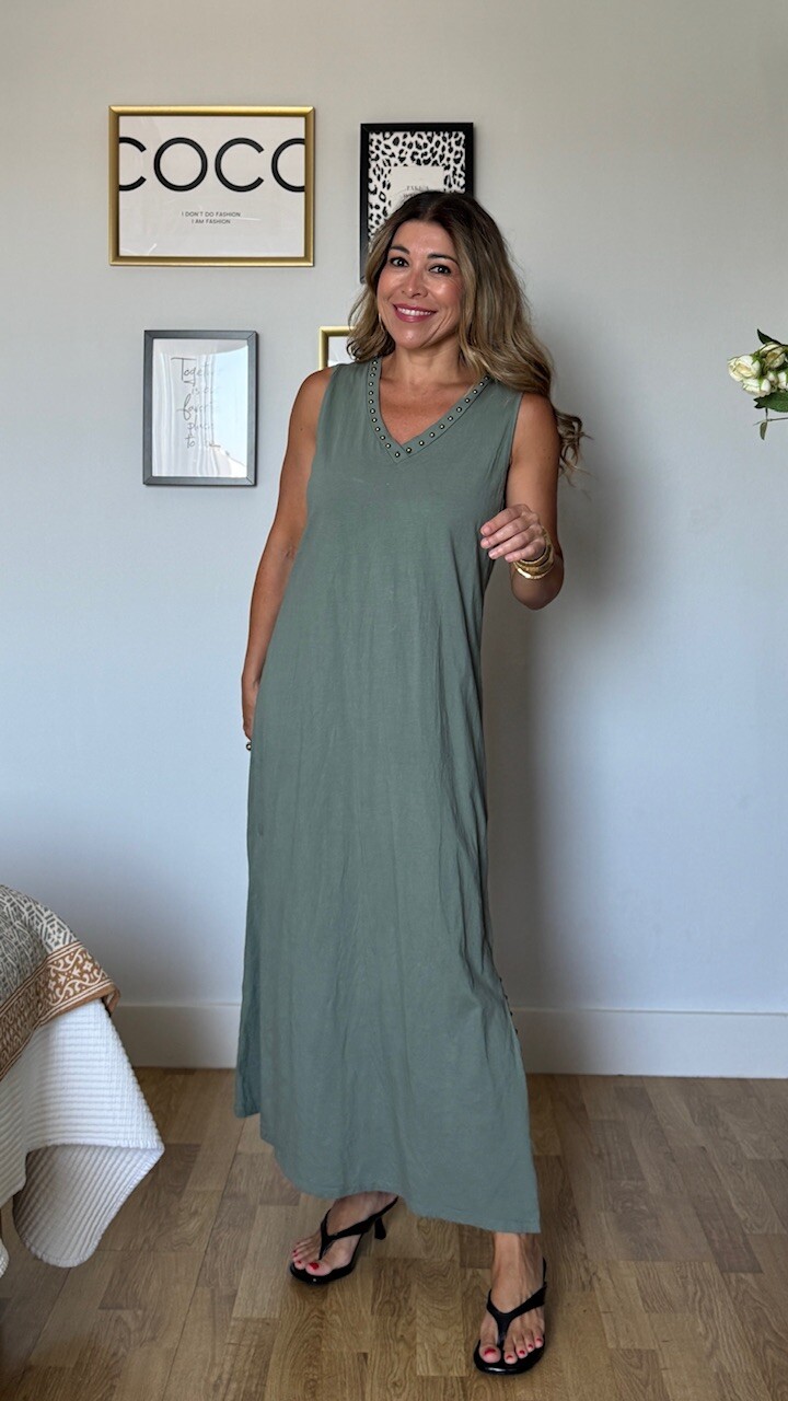 Vestido Tirantas Tachuelas Verde Caza - Imagen 11