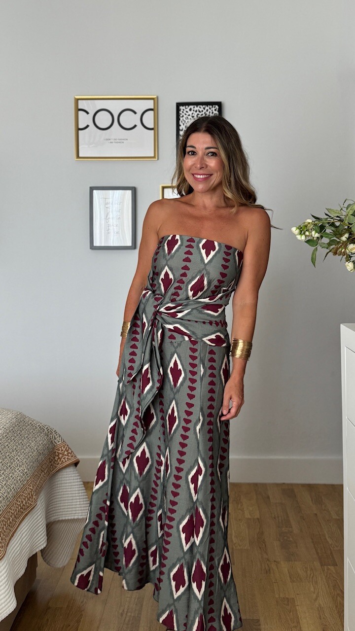 Vestido Anudado Estampado Verde Empolvado - Imagen 3