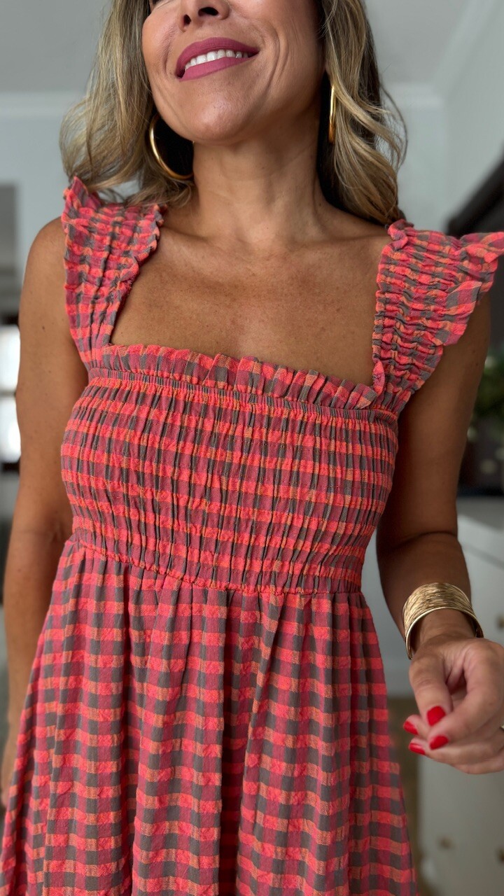 Vestido Vichy Nido Volante Flúor Coral - Imagen 3