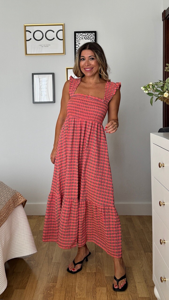 Vestido Vichy Nido Volante Flúor Coral - Imagen 7