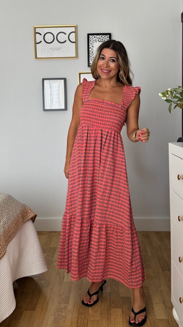 Vestido Vichy Nido Volante Flúor Coral