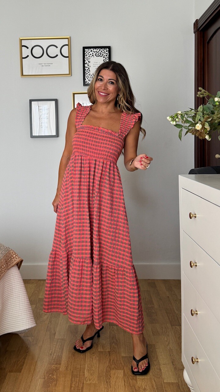 Vestido Vichy Nido Volante Flúor Coral - Imagen 8
