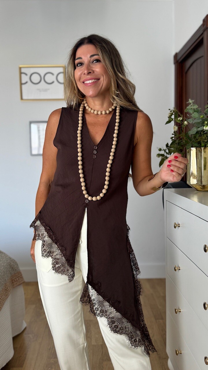 Blusa Asimétrica Encaje Marrón - Imagen 6