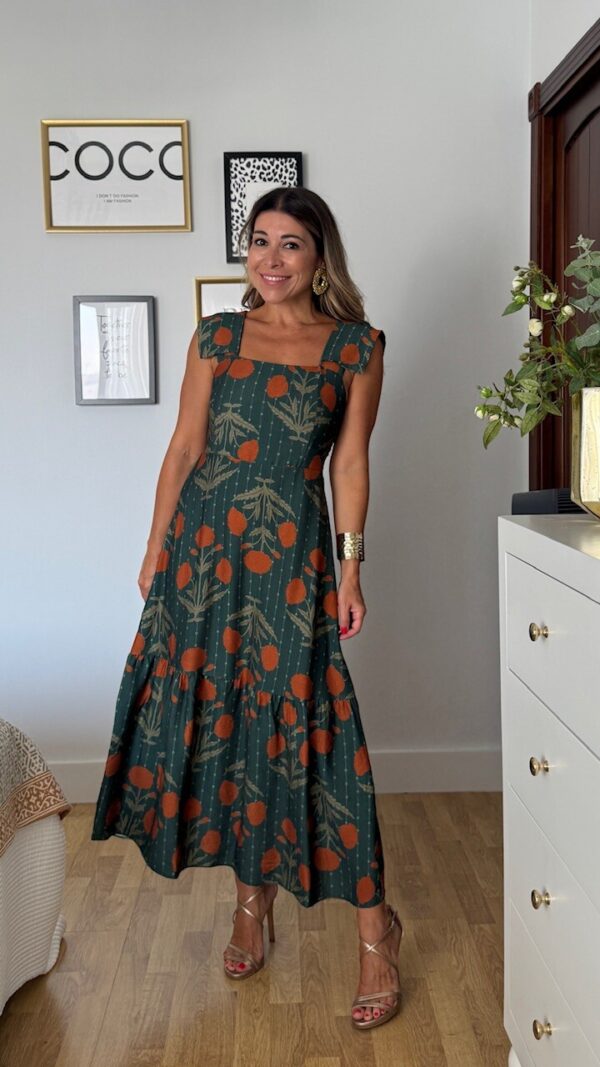 Vestido Clavel Estampado Verde Botella