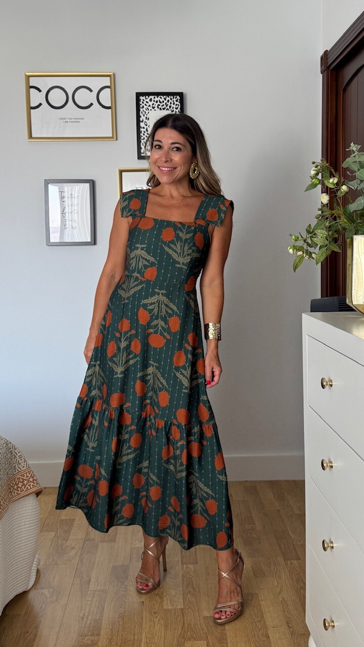Vestido Clavel Estampado Verde Botella