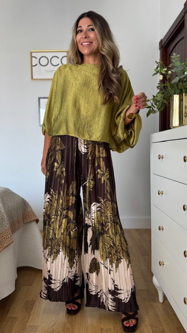 Pantalón Plisado Estampado Marrón