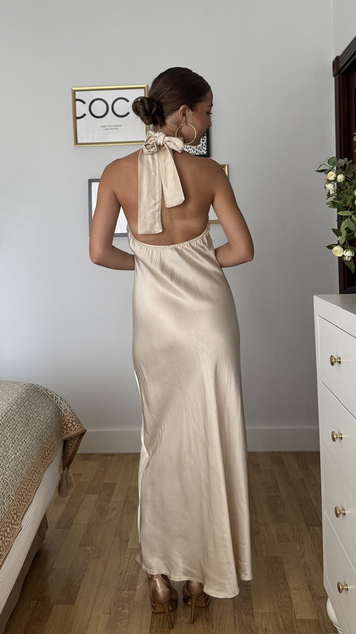 Vestido Satén Fiona Beige - Imagen 6