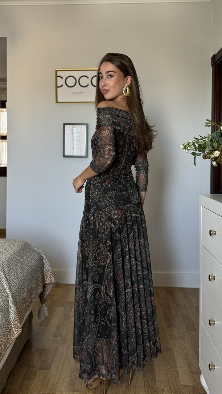 Vestido Tul Leonor Estampado Verde Botella - Imagen 12