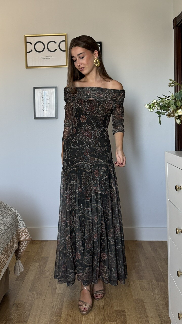 Vestido Tul Leonor Estampado Verde Botella